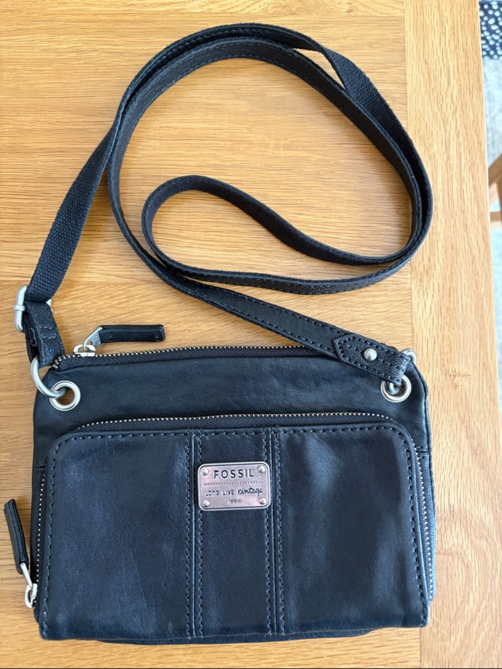 Fossil Black Leather Small Crossbody with Silver Plate